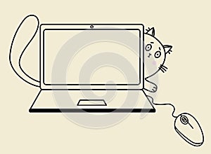 Cozy home. The scared cat looks out from behind the laptop, reaches for the mouse with its paw. Vector outline. Illustration for