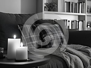 Cozy Home Scene with Candle and Plaid Pillow photo