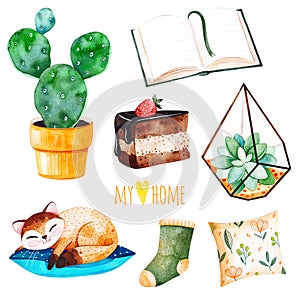 Cozy home set with a home plants,sleeping cute kitten, book,tasty cake,cushion