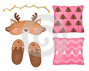 Cozy Home Set, Sleep mask clipart, Slippers, Deer sleep mask, Planner girl set, garland, pillows, good night set, decor