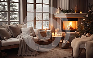 Cozy home with sofa and fireplace, panoramic windows and coffee, winter vibe concept