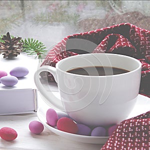 Cozy home still life: cup of hot coffee and opened book with warm plaid on windowsill against snow landscape outside