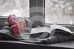 Cozy home still life: cup of hot coffee, spring flowers and opened book with warm plaid on windowsill against snow