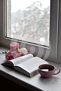 Cozy home still life: cup of hot coffee, spring flowers and opened book with warm plaid on windowsill against snow