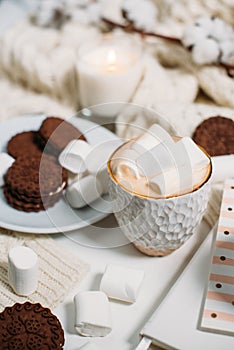 Cozy home winter arrangement, cocoa with marshmallows, homemade