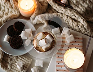 Cozy home winter arrangement, cocoa with marshmallows, homemade