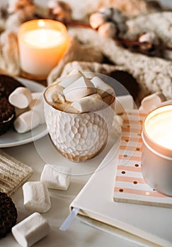 Cozy home winter arrangement, cocoa with marshmallows, homemade