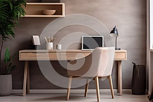 Cozy home workplace with wooden drawer writing desk and fabric chair. Interior design of modern Scandinavian home office