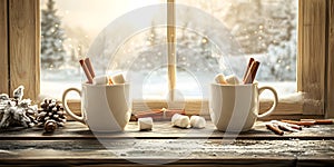 Cozy hot cocoa with marshmallows and cinnamon by winter photo