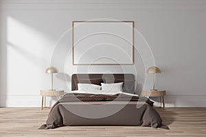 Cozy hotel bedroom interior with bed, nightstand and lamp. Mockup frame