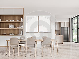 Cozy hotel kitchen interior with dining and cooking area, mockup frame
