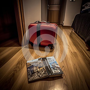 Travel Essentials: Suitcase and Guidebook on a Hotel Floor photo