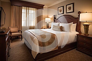 cozy hotel room, with plush bed and luxurious linens