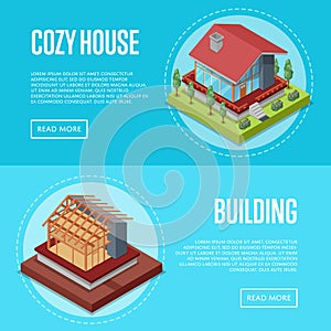 Cozy house building posters set