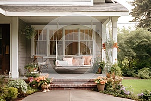 cozy house exterior with front porch swing and floral arrangements