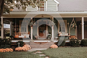 cozy house exterior with front porch swing and floral arrangements