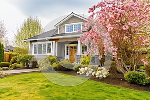 cozy house exterior with garden, green grass and blooming flowers