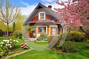 cozy house exterior with garden, green grass and blooming flowers