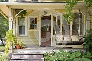 cozy house exterior, with porch swing and book pile, on warm summer day