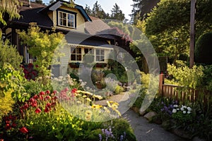 cozy house exterior with sun-dappled yard and garden of vibrant flowers