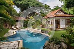 cozy house exterior with swimming pool and lush garden, offering a relaxed and serene atmosphere