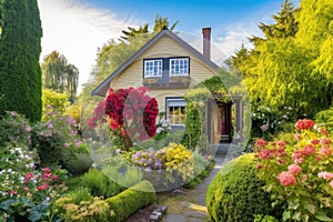 cozy house exterior with view of the garden and blooming flowers