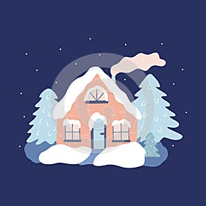 Cozy house in the forest. Winter card vector