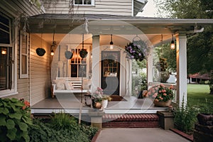 cozy house with front porch swing, lanterns, and potted plants on exterior