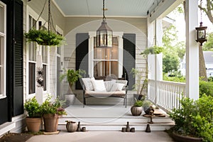 cozy house with front porch swing, lanterns, and potted plants on exterior