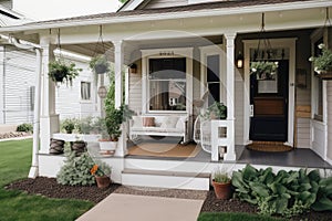 cozy house with front porch swing, lanterns, and potted plants on exterior