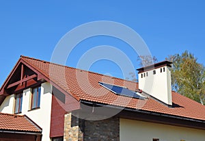 Cozy house Roofing with Vacuum Solar Water Panel Heating, Solar Panels, Skylights Outdoor.