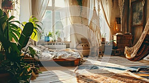 Cozy house with room in boho style interior, Boho, Bedroom. Rustic home design. AI Generative