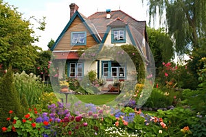 a cozy house surrounded by a garden and flowers