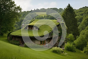 cozy house surrounded by lush greentexture with rolling hills in the background