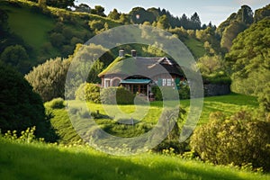 cozy house surrounded by lush greentexture with rolling hills in the background