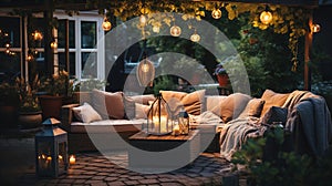 cozy house with terrace in garden ,evening blurred lantern candle light, soft sofa ,cozy atmosfear on evening