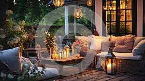 cozy house with terrace in garden ,evening blurred lantern candle light, soft sofa ,cozy atmosfear on evening