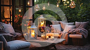 cozy house with terrace in garden ,evening blurred lantern candle light, soft sofa ,cozy atmosfear on evening