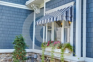 Cozy House Window with Blue Awning and Flower Box