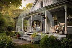 cozy house with wrap-around porch and vintage rocking chairs