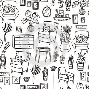 Cozy hygge home furniture and decor elements seamless pattern. Hand drawn doodle style armchairs and houseplants
