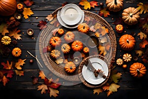 A cozy hygge table setting captured from a top view, featuring a wicker place mat, pumpkins, autumn leaves, and a candle on a dark