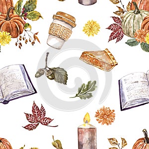 Cozy hygge themed illustration. Fall pumpkin seamless pattern. Watercolor painting