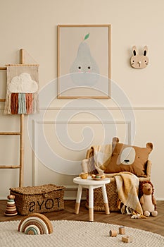 Cozy ids room interior with mock up poster frame, plush toys, brown pillow, braided armchair, round stool, ladder with ornament,