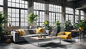 A cozy, industrial-style living room with a grey sofa, yellow armchair, wooden table, and green plants by large windows