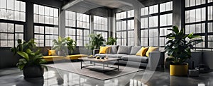 A cozy, industrial-style living room with a grey sofa, yellow armchair, wooden table, and green plants by large windows