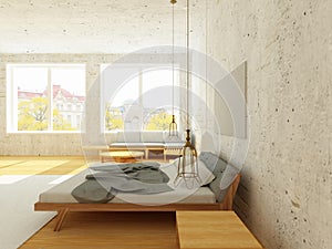 Cozy interior of bedroom in Scandinavian Style in sunlight