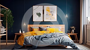 Cozy interior of the bedroom is yellow with blue walls. Bedroom in Scandinavian style. Generative AI