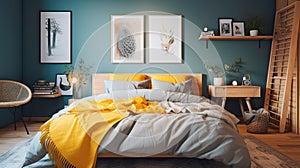 Cozy interior of the bedroom is yellow with blue walls. Bedroom in Scandinavian style. Generative AI