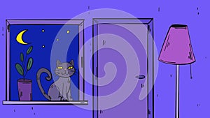 Cozy interior with cat at night in cartoon style